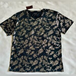 Consequence Knitwear Blue and Silver Foil Paisley T-Shirt Men's Size Large
